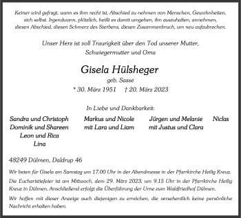 Anzeige von Gisela Hülsheger 