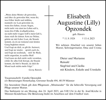 Anzeige von Elisabeth Augustine Opzondek 