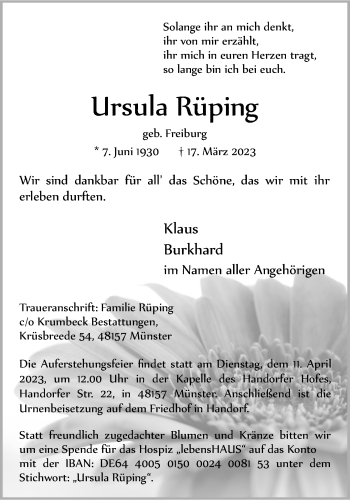 Anzeige von Ursula Rüping 