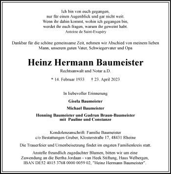 Anzeige von Heinz Hermann Baumeister 