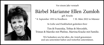 Anzeige von Bärbel Marianne Ellen Zumloh 