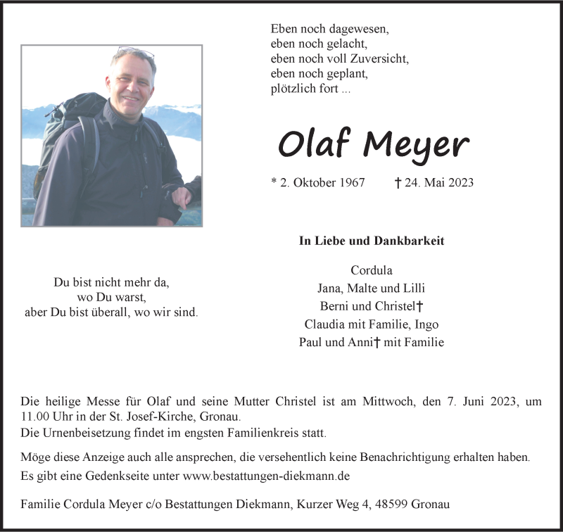  Traueranzeige für Olaf Meyer vom 31.05.2023 aus 