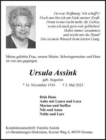 Anzeige von Ursula Assink 