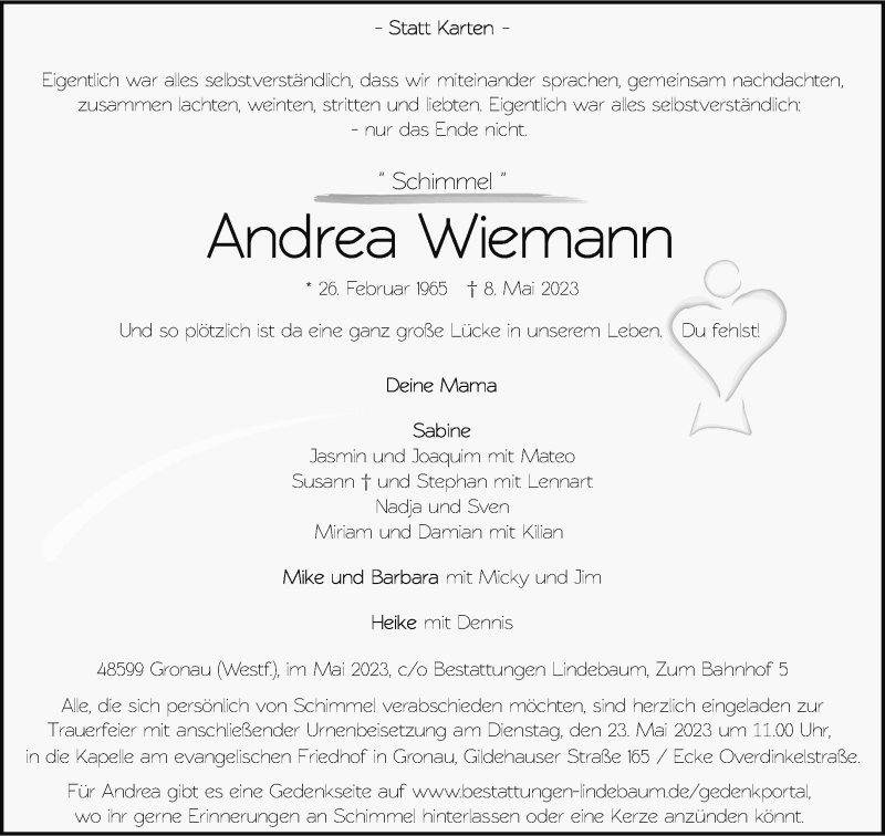  Traueranzeige für Andrea Wiemann vom 13.05.2023 aus 