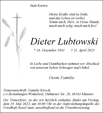 Anzeige von Dieter Lubtowski 