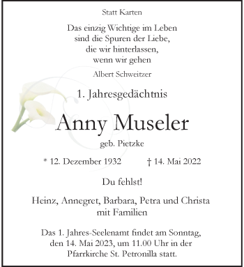 Anzeige von Anny Museler 