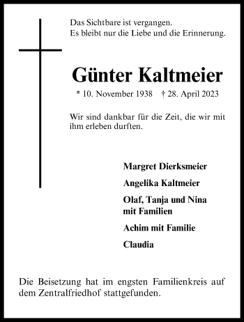 Anzeige von Günter Kaltmeier 