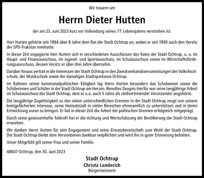  Traueranzeige für Dieter Hutten vom 30.06.2023 aus 