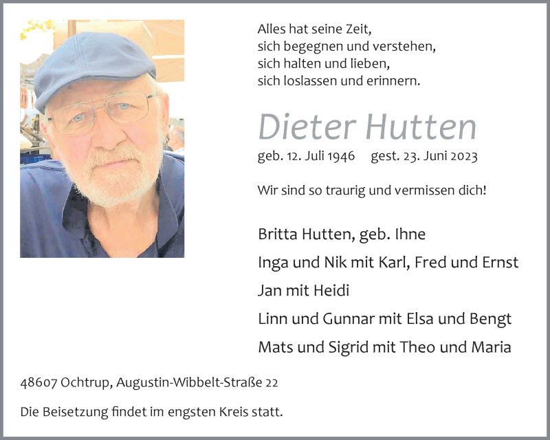  Traueranzeige für Dieter Hutten vom 28.06.2023 aus 