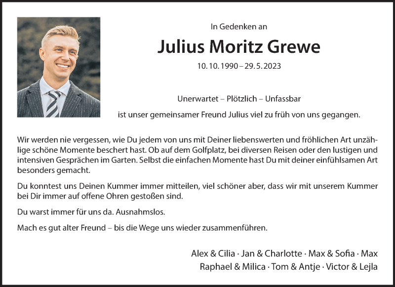  Traueranzeige für Julius Moritz Grewe vom 07.06.2023 aus 