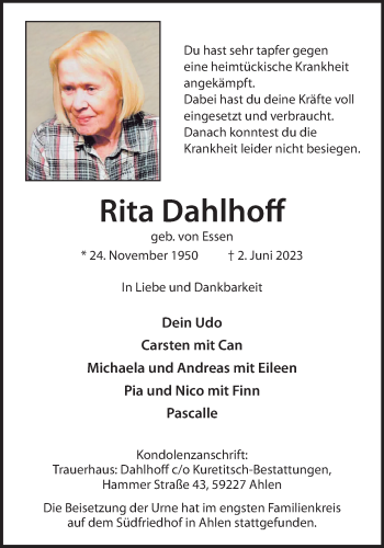 Anzeige von Rita Dahlhoff 