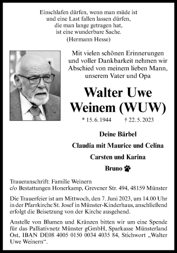 Anzeige von Walter Uwe Weinem 