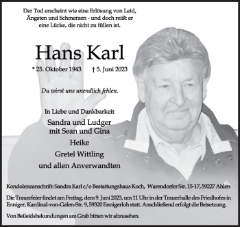 Anzeige von Hans Karl 