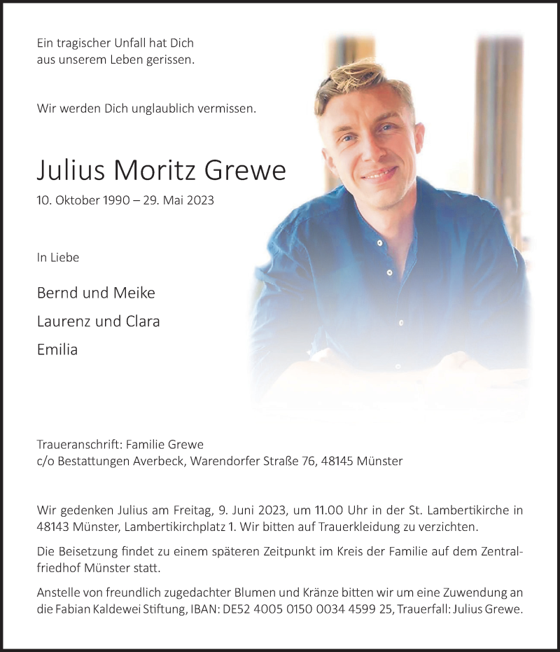  Traueranzeige für Julius Moritz Grewe vom 03.06.2023 aus 