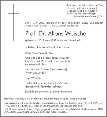 Anzeige von Prof. Dr. Alfons Weische 