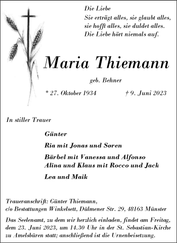 Anzeige von Maria Thiemann 