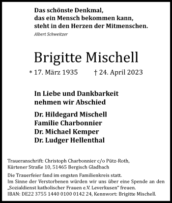 Anzeige von Brigitte Mischell 