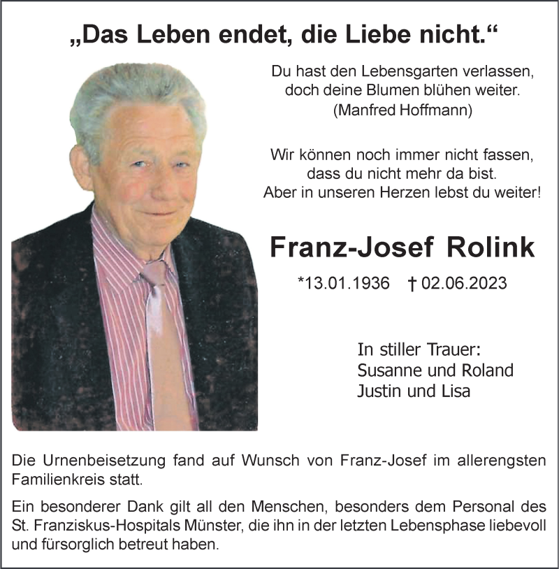  Traueranzeige für Franz-Josef Rolink vom 17.06.2023 aus 