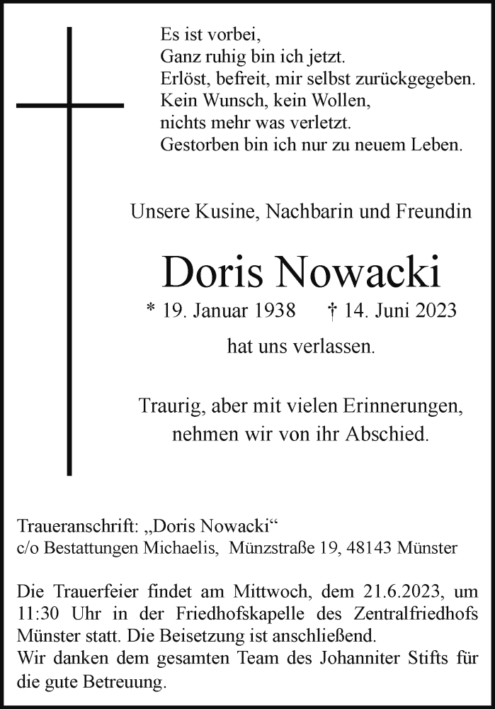  Traueranzeige für Doris Nowacki vom 17.06.2023 aus 