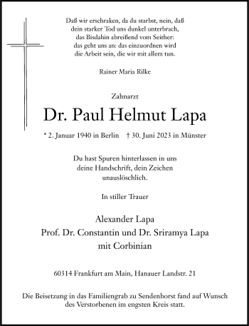 Anzeige von Dr. Paul Helmut Lapa 