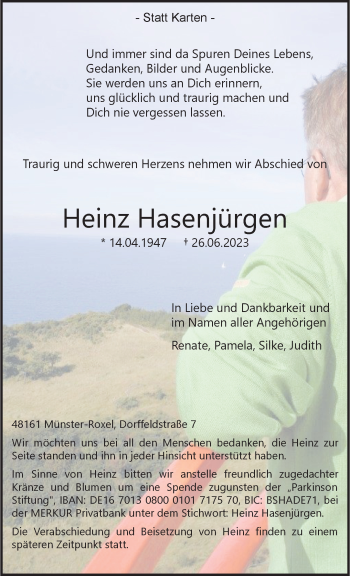 Anzeige von Heinz Hasenjürgen 