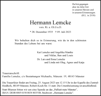 Anzeige von Hermann Lemcke 