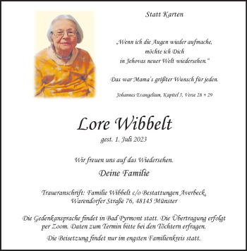 Anzeige von Lore Wibbelt 