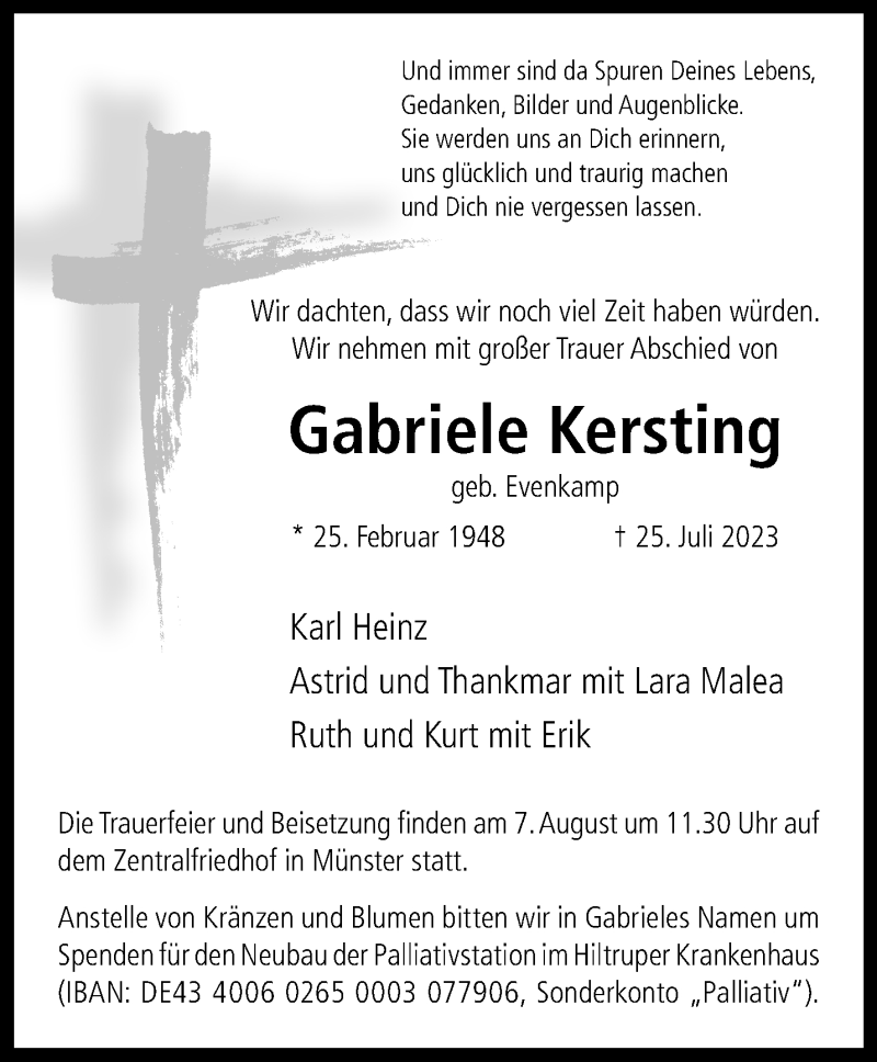  Traueranzeige für Gabriele Kersting vom 29.07.2023 aus 