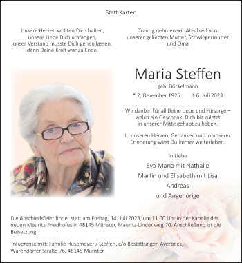 Traueranzeigen von Maria Steffen | www.trauer.ms