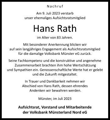 Anzeige von Hans Rath 