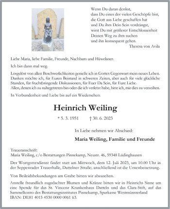 Anzeige von Heinrich Weiling 