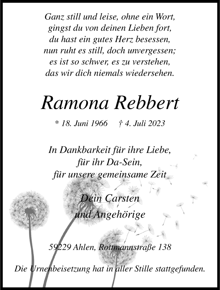 Traueranzeigen Von Ramona Rebbert | Www.trauer.ms