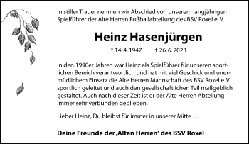 Anzeige von Heinz Hasenjürgen 