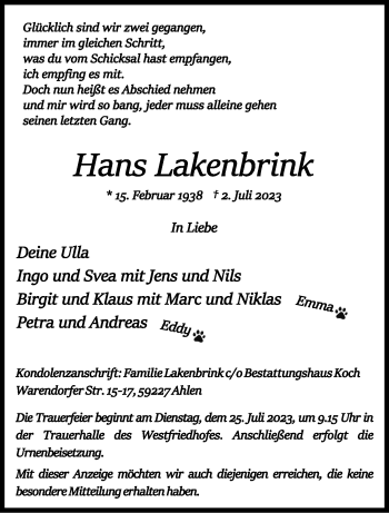 Anzeige von Hans Lakenbrink 