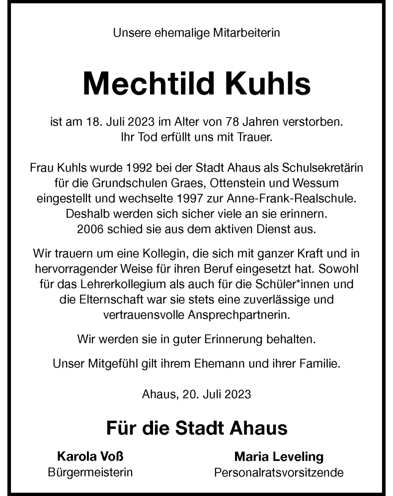 Traueranzeigen Von Mechtild Kuhls Trauer Ms