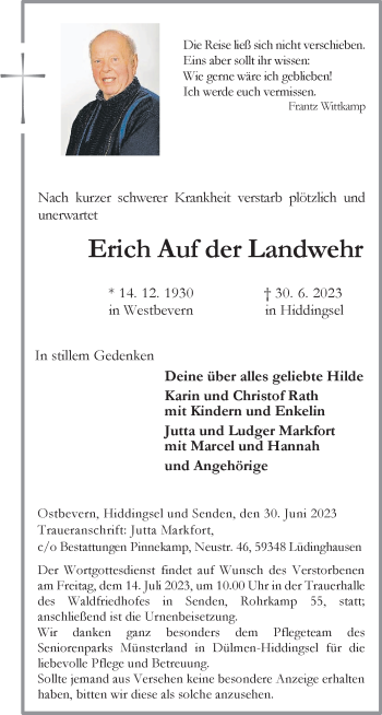 Anzeige von Erich Auf der Landwehr 