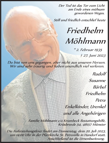 Anzeige von Friedhelm Möhlmann 