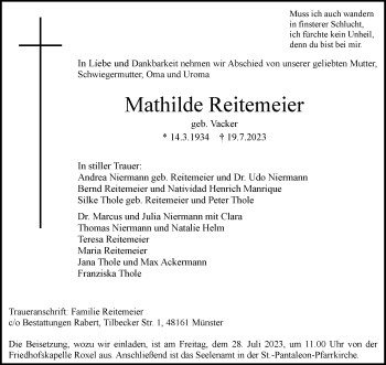 Anzeige von Mathilde Reitemeier 