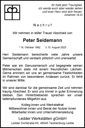 Anzeige von Peter Seidemann 