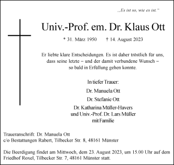 Anzeige von Univ.-Prof. em. Dr. Klaus Ott 