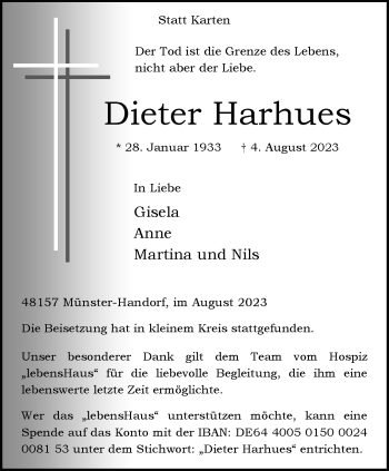 Anzeige von Dieter Harhues 