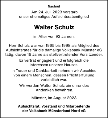 Anzeige von Walter Schulz 