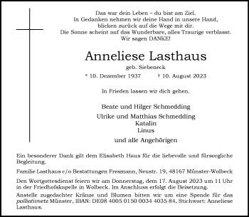 Anzeige von Anneliese Lasthaus 