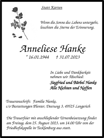 Anzeige von Anneliese Hanke 