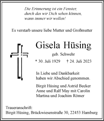 Anzeige von Gisela Hüsing 