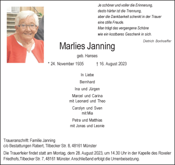 Anzeige von Marlies Janning 