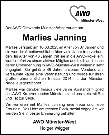 Anzeige von Marlies Janning 