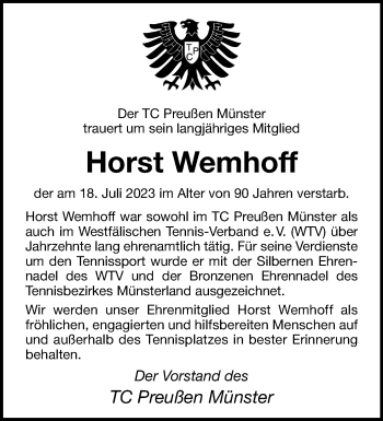 Anzeige von Horst Wemhoff 