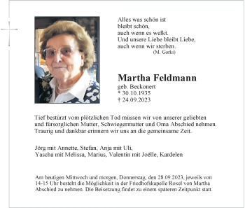 Anzeige von Martha Feldmann 