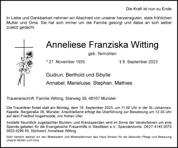 Anzeige von Anneliese Franziska Witting 